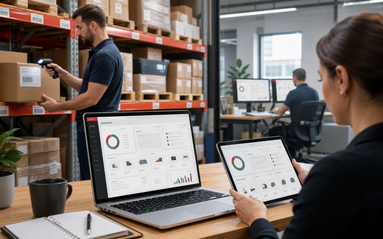 Une équipe suit les articles, produits, codes-barres et stocks depuis un logiciel de gestion.